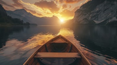 A kayak is in the lake with the sun setting in the background. Serenity and tranquility, AI