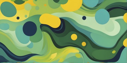 Abstract wallpaper with colorful blobs and liquid shapes on a green background, AI generated