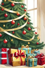 Abstract illustration of wrapped Christmas gifts, shiny ribbons and bows, stacked under a evergreen