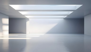 Three dimensional rendering of a futuristic empty room with skylights, AI generated