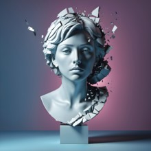 Three dimensional rendering of broken bust with illumination against colored background, AI