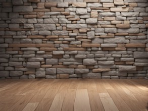 Three dimensional rendering of natural stone wall and wooden floor, AI generated