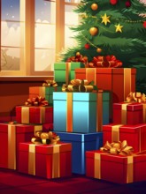 Abstract illustration of wrapped Christmas gifts, shiny ribbons and bows, stacked under a evergreen