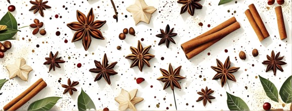 Abstract wallpaper illustration of Christmas spices like cinnamon sticks, star anise, and cloves,