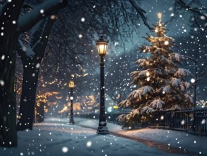 Christmas Eve with snowflakes fall under the light of a streetlamp with a decorated tree in the