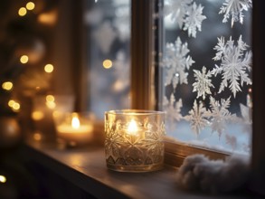 Snow-covered window with frost patterns, candlelight softly glowing through the glass, and warm,