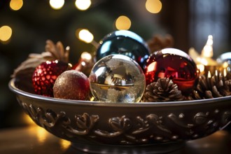 Christmas tree ornaments in a bowl, featuring a mix of glass baubles, pine cones, and fairy lights,