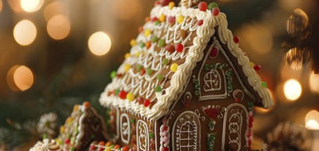 Gingerbread house decorations, focusing on the intricate icing details, colorful candy, and soft,