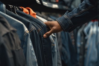 Hand browsing through rack full of shirts in clothing shop. Generative Ai, AI generated