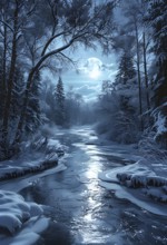 Serene winter night scene of a frozen river winding through a forest in moonlight, AI generated