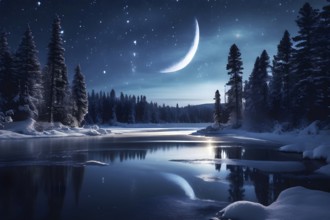 Tranquil winter night scene with a crescent moon and stars shining brightly over a frozen lake,