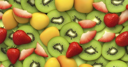 Colorful and artfully arranged slices of fruits like mangoes, strawberries, and kiwi, AI generated