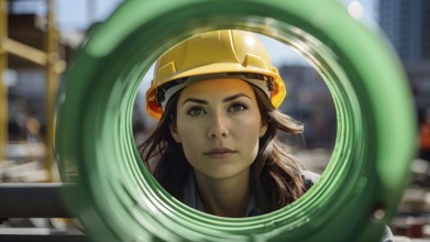 Portrait of a female construction worker wearing a yellow helmet, AI generated