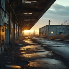 Abandoned military base at the end of an empty road enveloped in the silence of the area, AI