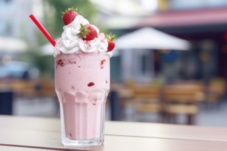 Strawberry smoothie drink with cream on outdoor café table. KI generiert, generiert, AI generated