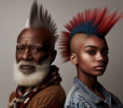 An old male and a female punk with punk hairstyle, mohawk, symbolic image youth culture, punk,