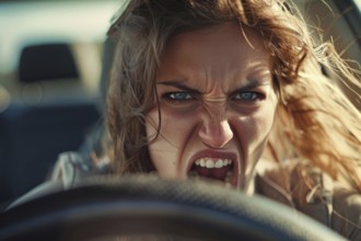 Woman sitting behind the steering wheel screaming in exasperation, symbolic image for aggressive