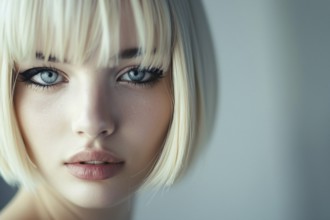 Portrait of young attractive woman with blond hair with bob hairstyle with bangs and and black eye