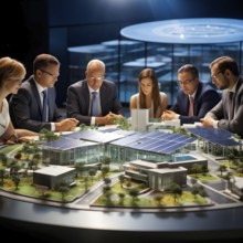 Business professionals engaged with a scale model of a modern solar park adjacent to miniature