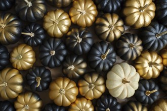 Top view of many small golden and black pumpkins. Generative Ai, AI generated