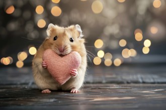 Cute small hamster with pink Valentine heart in front of wooden background with bokeh lights.