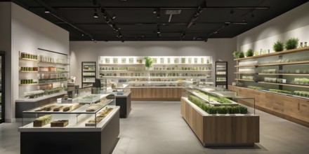 Cannabis dispensary interior with varieties of cannabis plants densely packed, AI generated