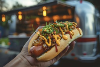 Hand holding hot dog topped with caramelized onions and jalapenos with blurry street food truck in