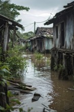 Flooded village in ruins after heavy rain, AI generated