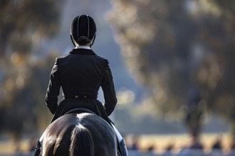 Back view of person in riding horse in dressage sports competition. Generative AI, AI generated