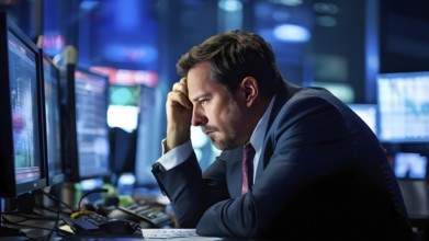 Stock trader in stress and panic in a market crash, AI generated