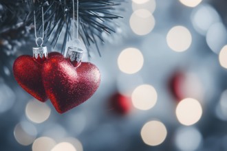 Close up of heart shaped red Christmas bauble ornaments on tree. Generative AI, AI generated