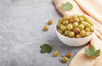 Fresh green gooseberry in white bowl with orange textile on gray concrete background. side view,