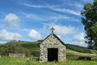 Small chapel in the Cezallier plateau, nestled in the Auvergne Volcanoes Regional Natural Park, Puy