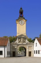 Europe, Germany, Bavaria, Danube, Ingolstadt, New Palace, View to the baroque clock tower, Bavarian