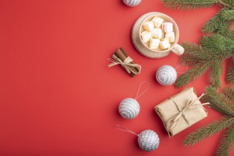 Christmas or New Year composition. Decorations, box, cinnamon, silver balls, fir and spruce