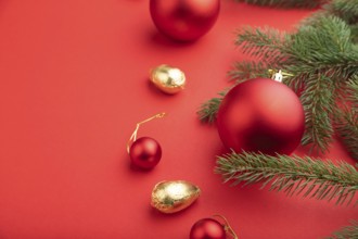 Christmas or New Year composition. Decorations, red balls, fir and spruce branches, on a red paper