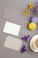 Gray and white business card mockup with spring snowdrop crocus flowers, cup of coffee,