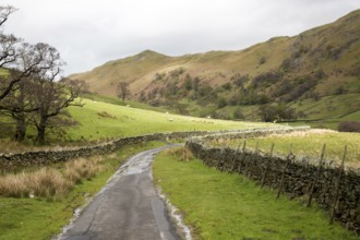 Narrow country road in Martindale valley, Ullswater, Lake District national park, Cumbria, England,