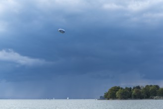 Moated castle, Lake Constance, Zeppelin, dinkle clouds, sailboats, forest, Bavaria, Germany, Europe