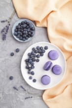 Purple macarons or macaroons cakes with blueberries on white ceramic plate on a gray concrete