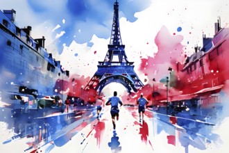 Marathon 2024 olympic runners in abstract dynamic shapes french tricolor blue white red, AI