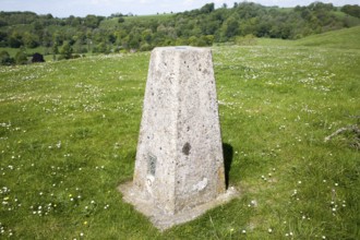 Concrete triangulation pillar on chalk hilltop Giant's Grave, near Oare, Wiltshire, England, UK