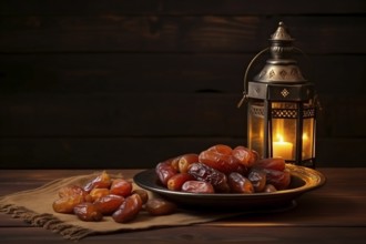 Ramadan lantern with a plate of succulent figs on dark background, set on an ornate table with