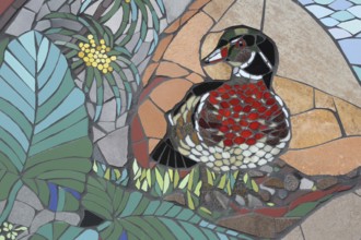 Wall mosaic with male mallard by Isidora Paz López 2019, one, bird figure, flower figure, duck