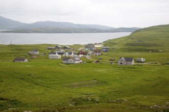 Houses in the crofting settlement village of Bhatarsaigh, Vatersay, Barra, Outer Hebrides,