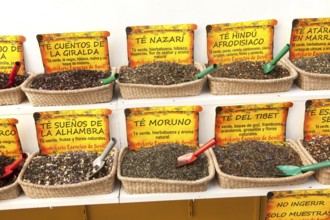 Close up display of various types of herbal tea, Seville, Spain, Europe