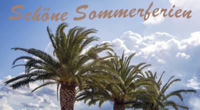 Palm trees in front of a blue sky and clouds, at the upper edge of the picture is written Beautiful