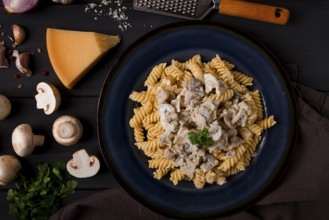 Fusilli pasta, with champignons in cream sauce, top view, with ingredients, on a wooden table, no