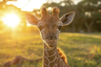 Baby giraffe standing amidst the golden rays of the setting sun, surrounded by nature beauty, AI