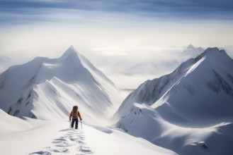 A mountaineer in mountains approaching a majestic snowy mountain peak amidst a snowfall and snow